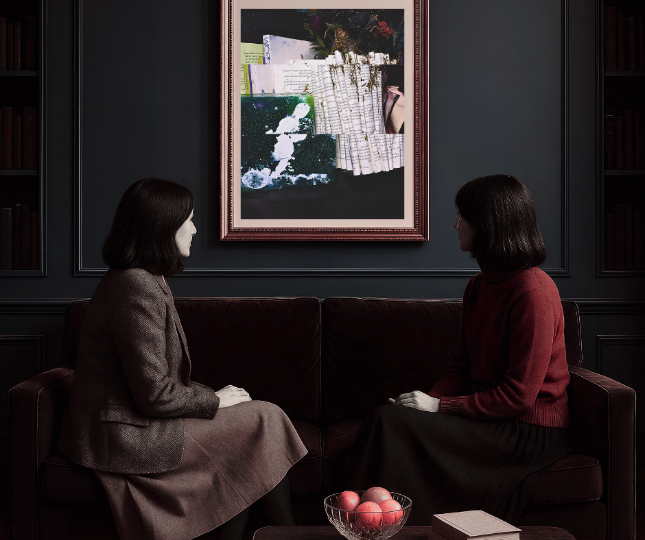  Two people in a lounge looking at a photo